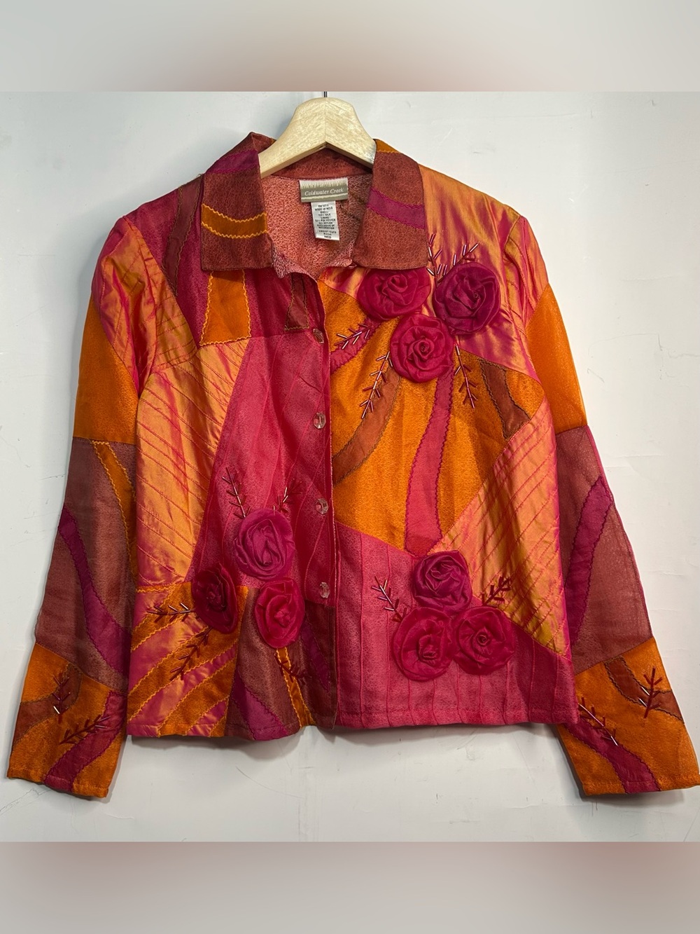 Coldwater Creek Pink & Orange 100% Silk Button Front Shirt Medium
